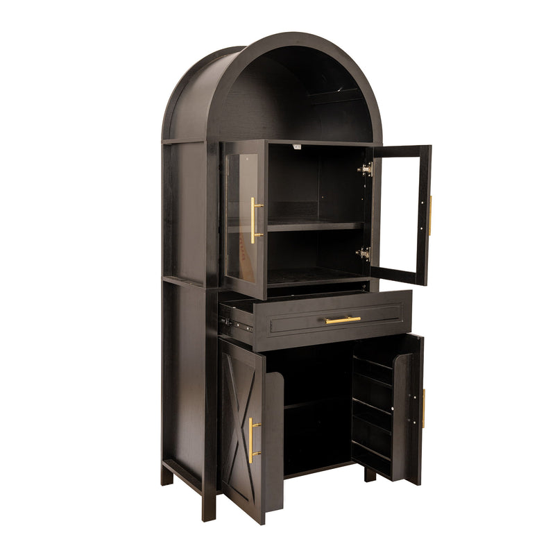 Arched Kitchen Pantry Cabinet With Adjustable Shelves And Barn Door Design