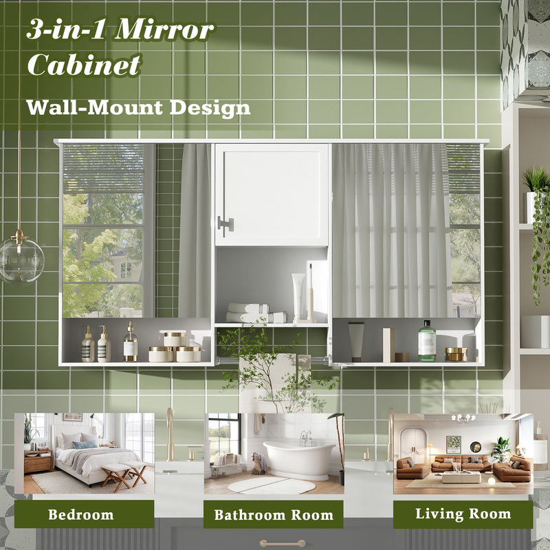 Wall-Mount 3-In-1 Mirror Cabinet With Adjustable Shelf, Soft-Closing Hinges, Rectangular Design - White