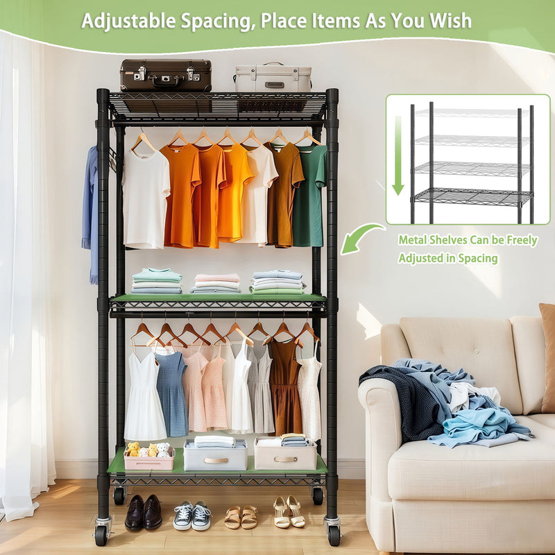 Heavy Duty Rolling Clothes Rack With 3 Tier Shelves, 2 Rails & Side Hooks, Adjustable Freestanding Organizer Metal - Black