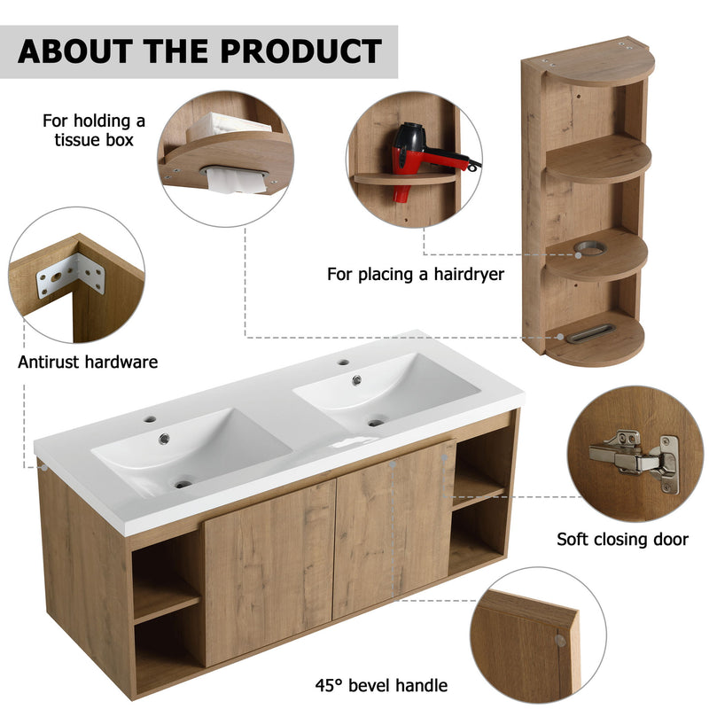 Modern 48" Wall Mounted Bathroom Vanity With Double Resin Sink And Storage Rack Soft Close Doors - Imitative Oak