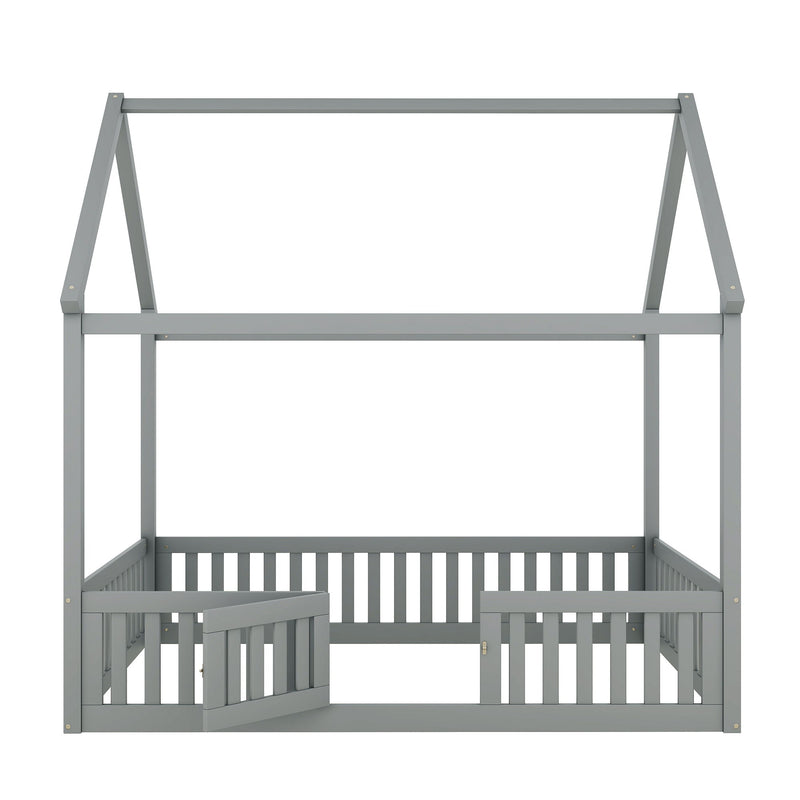 Wood House Bed With Fence And Door