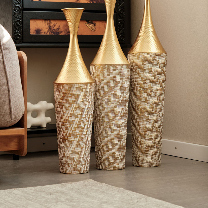 Floor Metal Vase Modern Style Decoration Home Woven Pattern Metal Vase 3 Piece Set Gorgeous Home Decoration Large Glazed Metal Vase - Champagne
