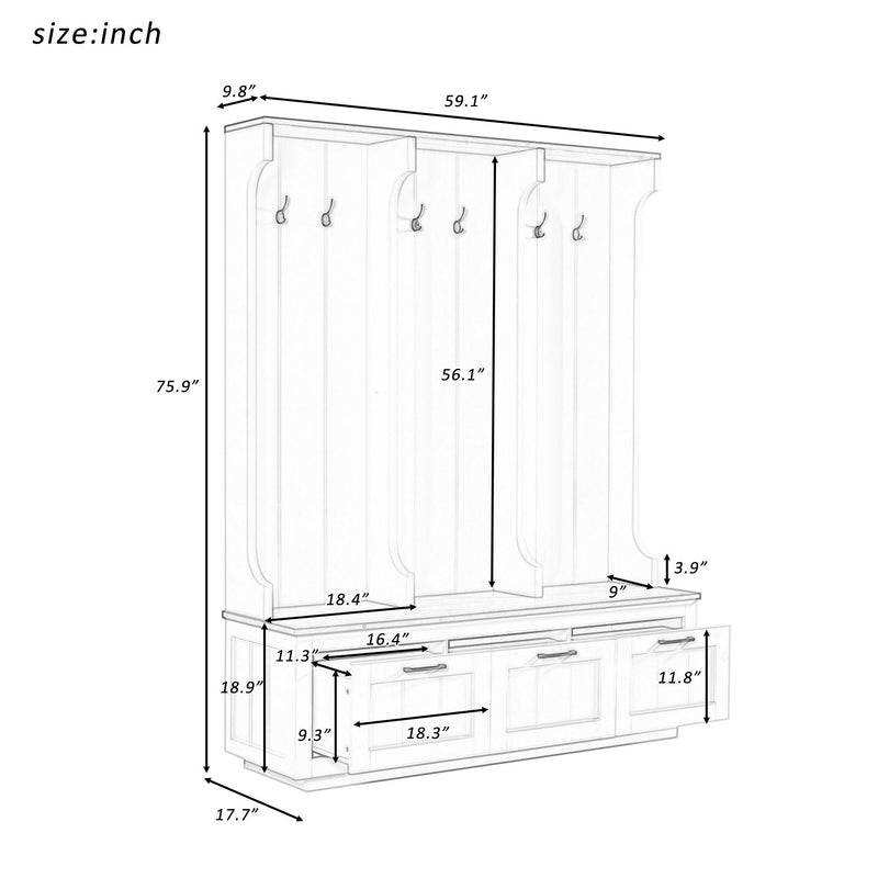 Hall Tree With Bench And Shoe Storage, 3 Large Drawers, Open Storage Shelves & Hooks