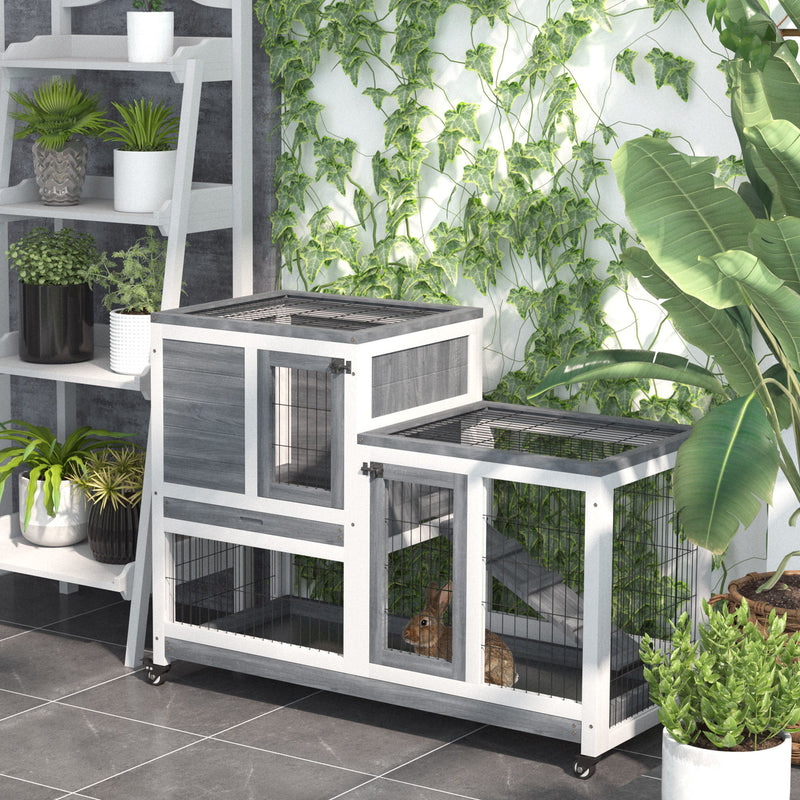 Pawhut - Wooden Rabbit Hutch Elevated Bunny Cage Indoor Small Animal Habitat With Enclosed Run With Wheels, Ramp, Removable Tray Ideal For Guinea Pigs - Gray / White