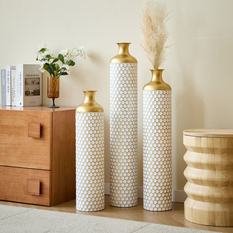 3 Piece Set Gorgeous Home Decoration Large Glazed Floor Vase Decoration Home Droplet Shaped - Gold / White