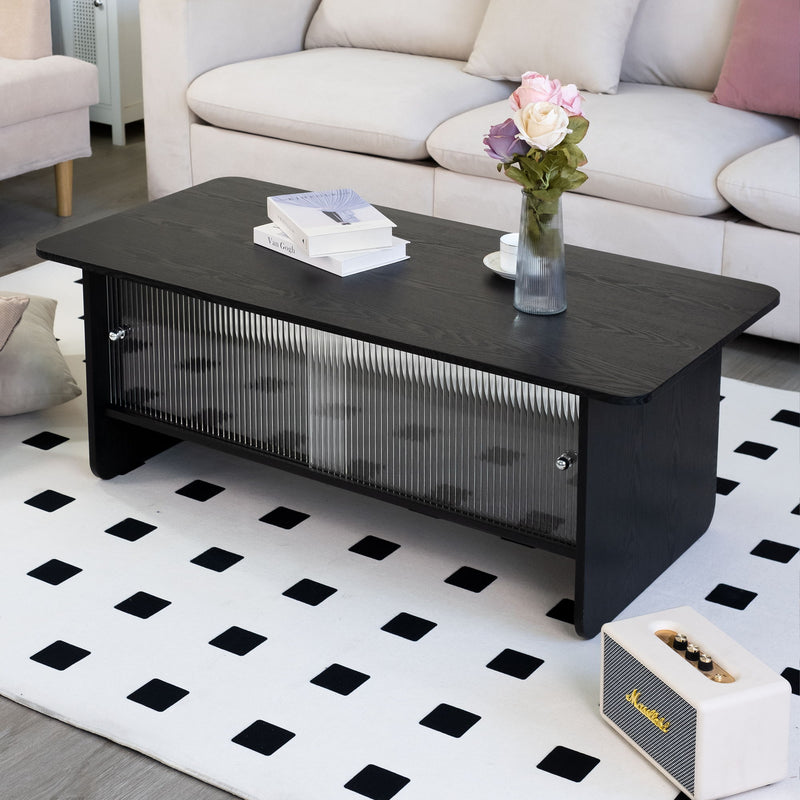 Rectangular Coffee Table With Sliding Door Storage Center
