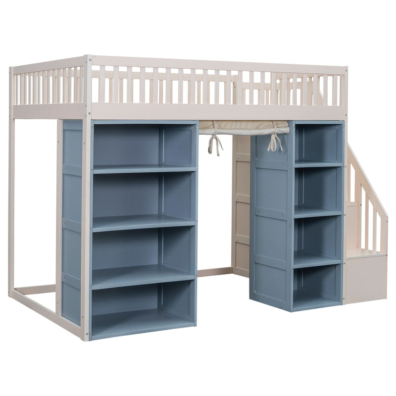 Full Size Loft Bed With 2 Four Layer Storage Cabinets And Curtain With Built In Staircase And Privacy Curtain - White