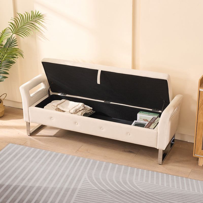 Wide Storage Soft Ottoman Bench With Armrests