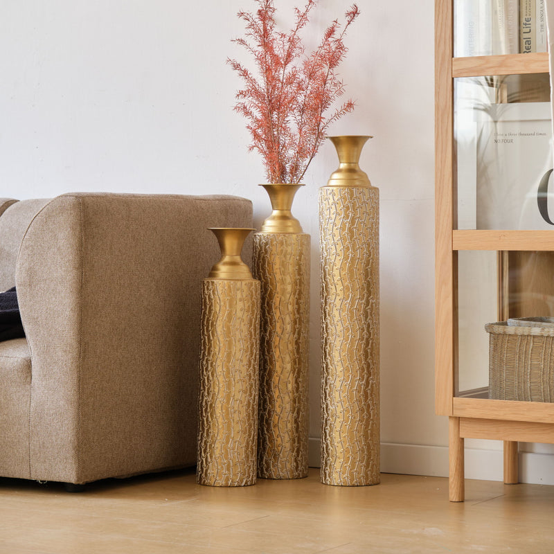Metal Decorative Vases High Distress Metal Center Vases With Growing Vine Patterns, (Set of 3) Vases For Home Decoration - Gold
