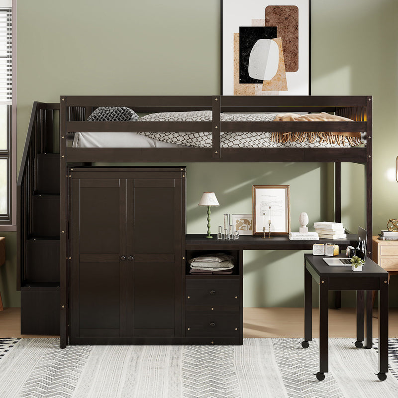 Loft Bed With Stairs, Bookshelf, Drawers, Desk & Wardrobe, Space Saving Multifunctional Furniture