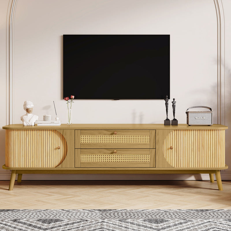 Rattan TV Stand For Tvs Up To 75'', Modern Farmhouse Media Console, Entertainment Center With Legs, TV Cabinet For Living Room, Home Theatre - Natural Wood