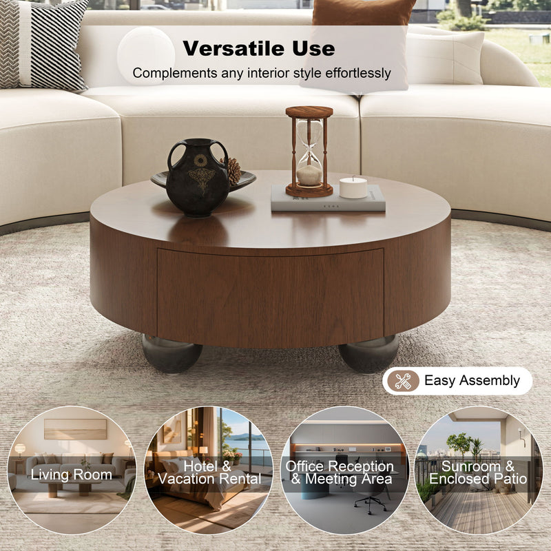Drum Shaped Coffee Table With Hidden Storage Drawer, Low Profile For Living Room - Walnut