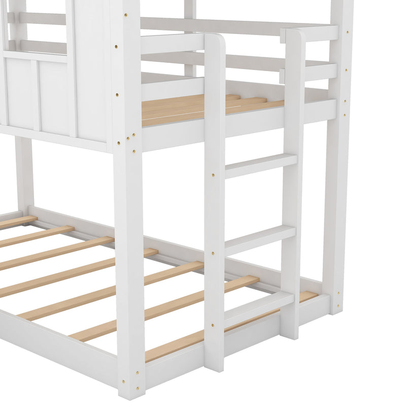Twin Over Twin House Bunk Bed & Slide And Windows - White