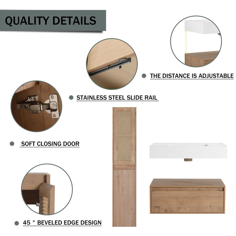 Contemporary Wall Mounted Bathroom Vanity With Resin Sink And 2 Side Cabinet - Imitative Oak