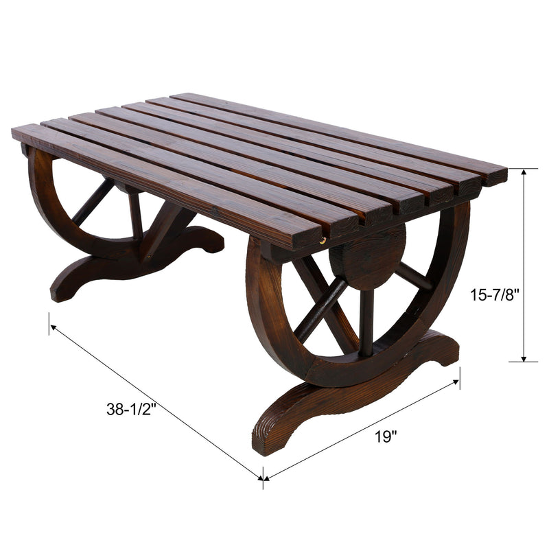 Rustic Wooden Bench With Wagon Wheel Legs For Garden And Patio - Brown