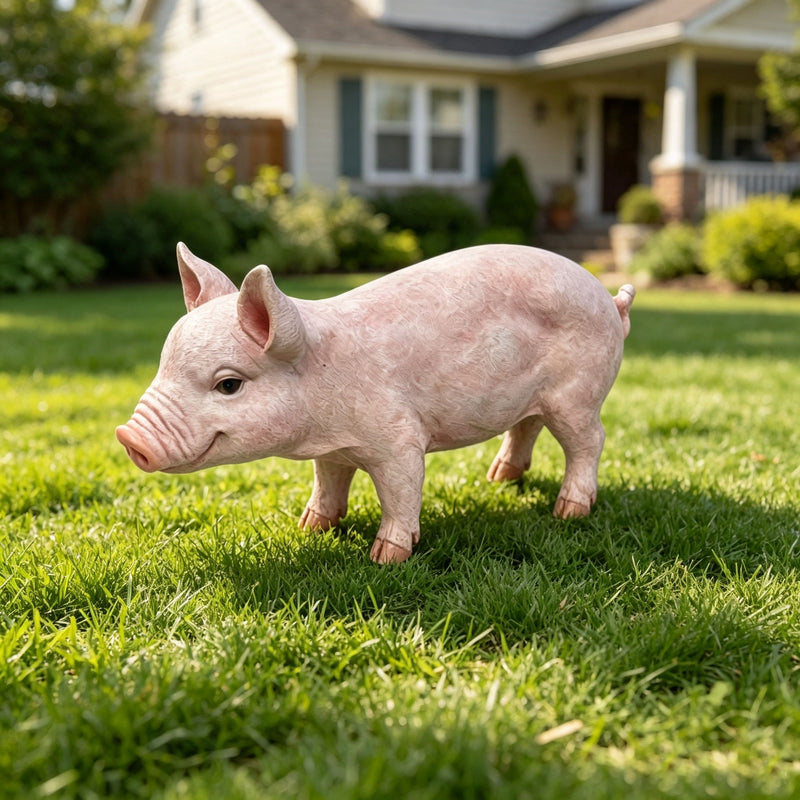 Cute Pig Garden Statue, Farm Pig Figurine Lawn Ornament, Weatherproof Outdoor Sculpture Decor - Baby Pink