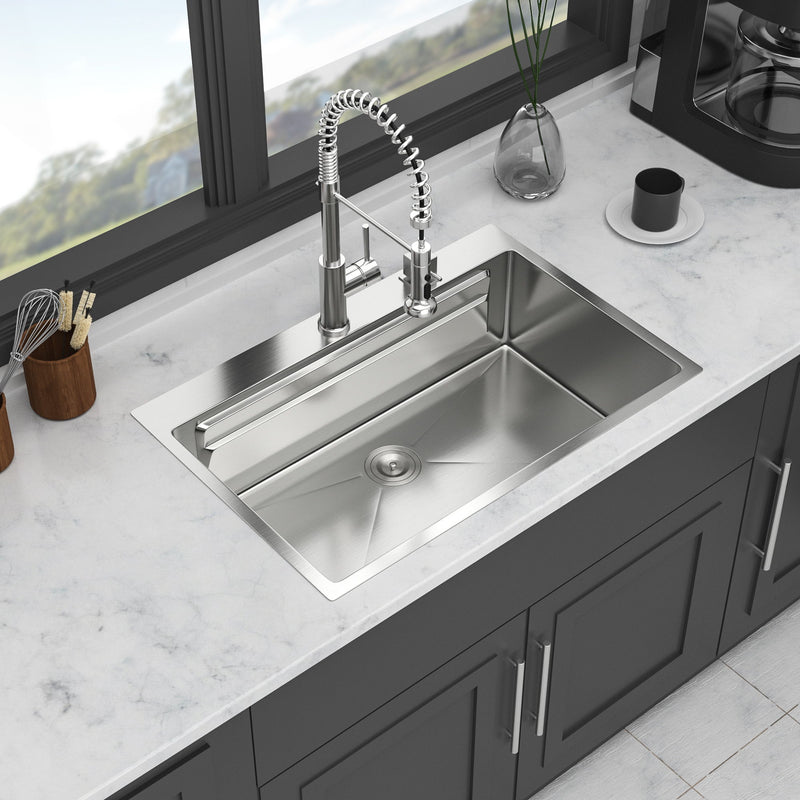 33" Drop In Kitchen Sink Single Bowl 16 Gauge Stainless Steel Ledge Workstation - Brushed Nickel