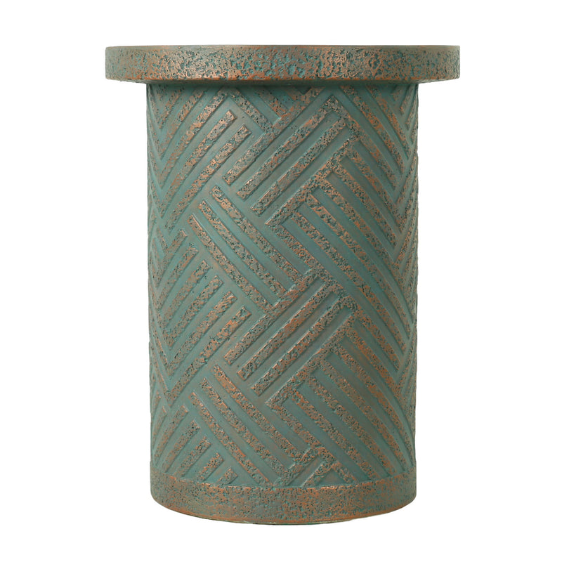 Round Outdoor End Table With Tree Stump Design For Patio - Golden / Green / Peacock