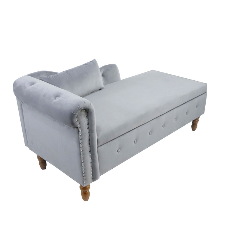 Chaise Lounge Indoor, Lounge Chair For Bedroom With Storage & Pillow, Modern Upholstered Rolled Arm Chase Lounge For Sleeping With Nailhead Trim For Living Room Bedroom Office