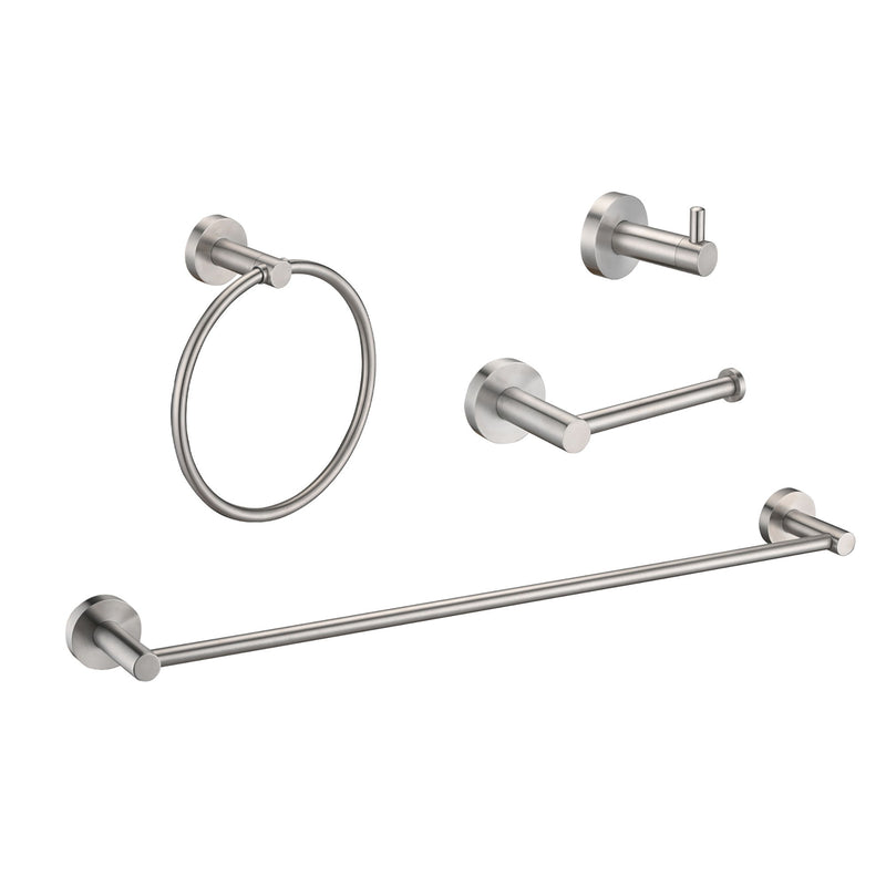 Bathroom Set 4 Pack With Towel Bar Racks, Toilet Paper Holder, Ring, Hook, Stainless Steel - Brushed Nickel