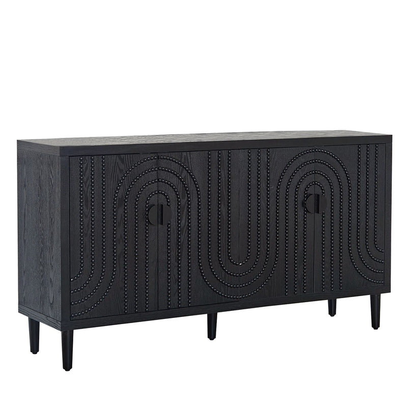 Modern Sideboard Cabinet With Decorative Nailhead Accents, Stylish Storage Solution For Dining, Living Rooms - Black