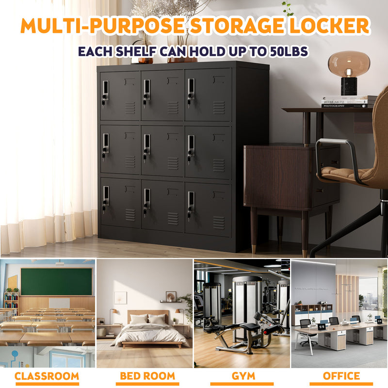 9 Door Employee Storage Locker With Card Slot, Lockers For Office, Gym, School, And Home - Black