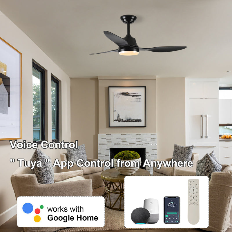 Ceiling Fan With Light, 3 Blades, Remote Control, 6 Speed Reversible DC Motor For Living Room - Black