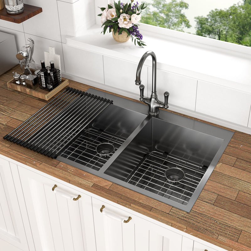 Double Bowl Drop In Kitchen Sink, 16 Gauge Stainless Steel With 2 9" Deep Basins - Gunmetal Black