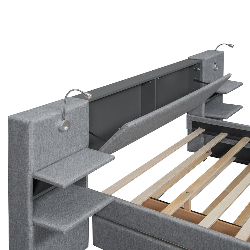 Upholstered Platform Bed With Reading Lights, Drawers, Trundle And Shelves