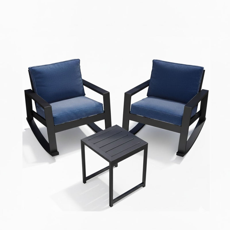Outdoor Rocking Bistro Set Of 3, Oversized Rocking Chairs With Cushions And Side Table - Black / Blue