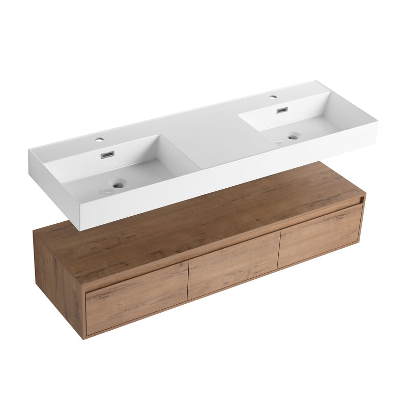 Contemporary Wall Mounted Bathroom Vanity With Dual Resin Sink And Soft Close Drawer