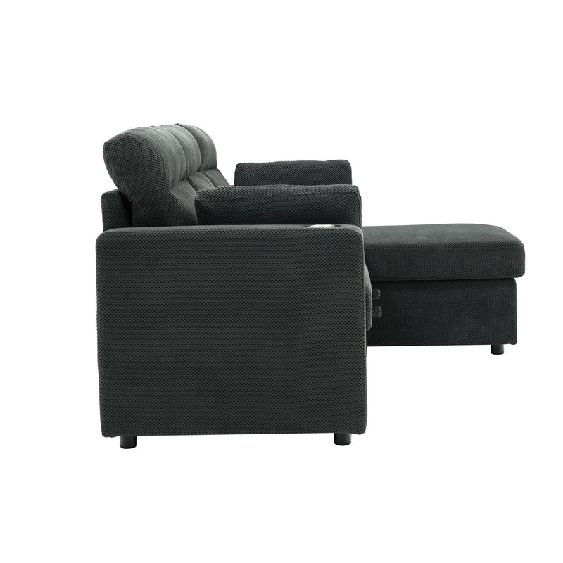 Convertible L - Shaped Sectional Sofa Bed With Storage Chaise, Cup Holders