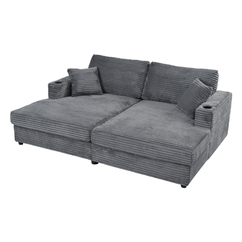 Oversized Loveseat Chaise With 2 USB Ports, 2 Cup Holders And 2 Throw Pillows