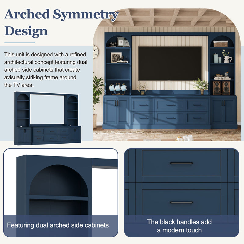 Arched Entertainment Center Wall Unit With 6 Drawers, Large TV Stand With Bookshelves