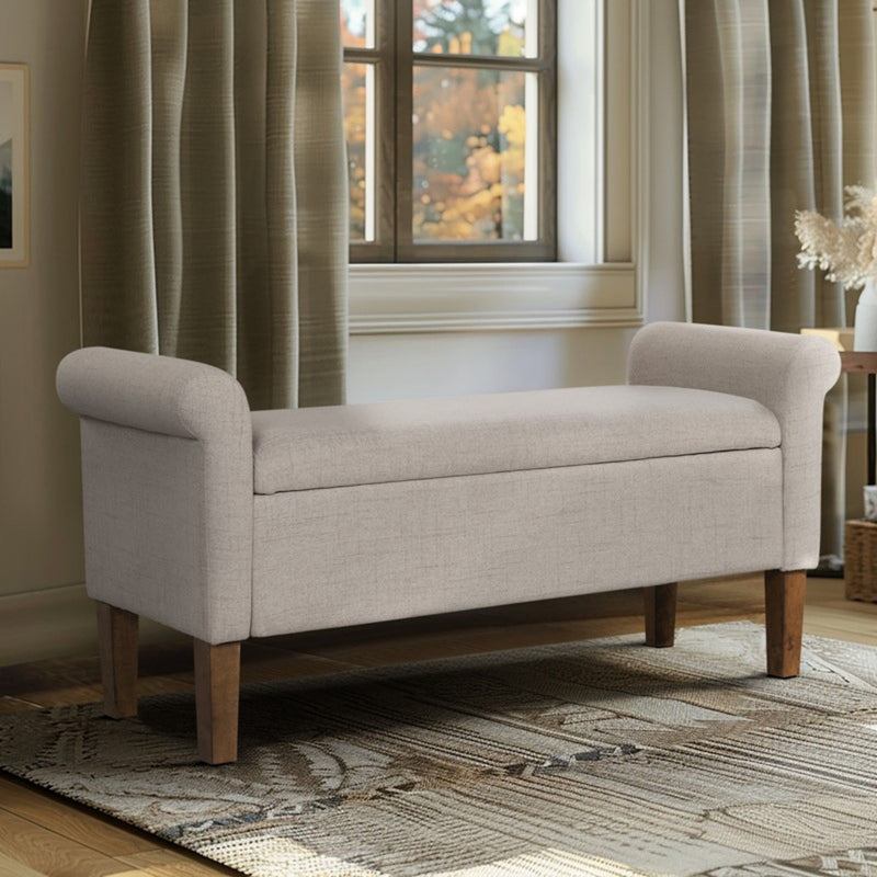 Upholstered Storage Bench With Rolled Armrests - Beige