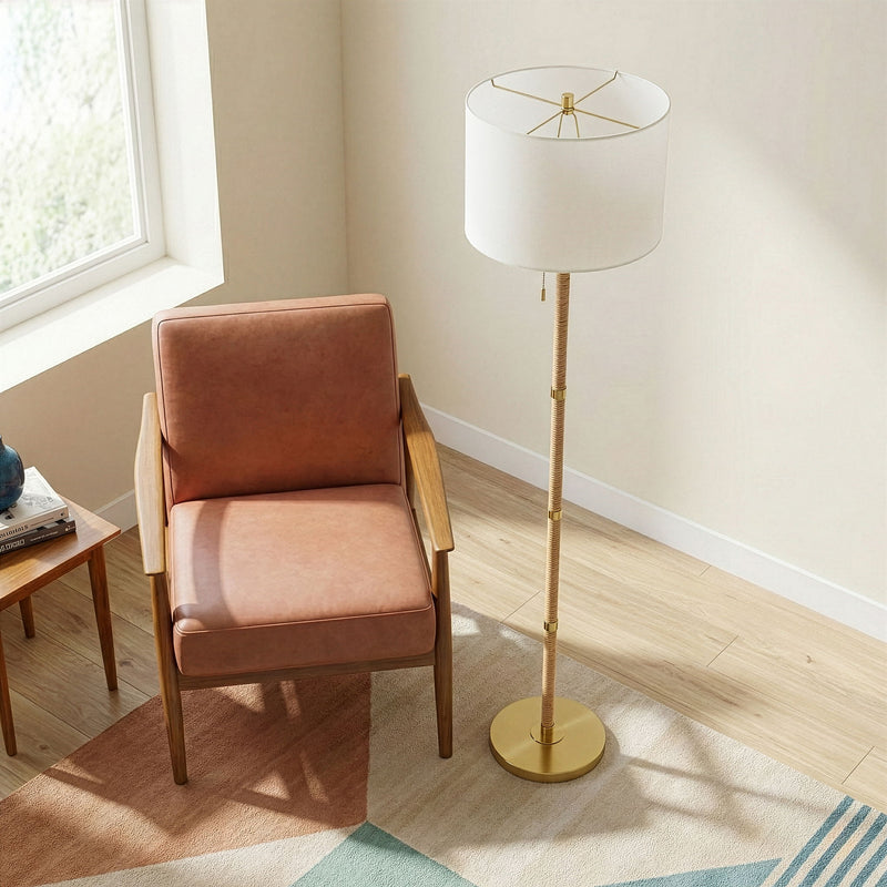 Stellar - Linen Shade Floor Lamp - Gold / Natural Wood / Rattan / White