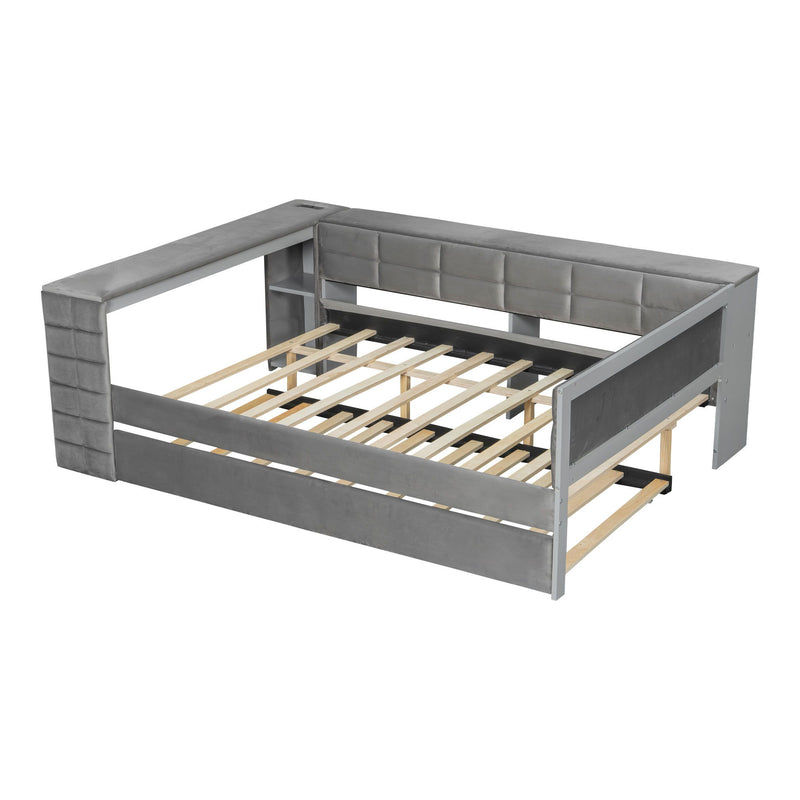 Upholstered Platform Bed With Storage Shelves, Desk, Charging Station And Trundle