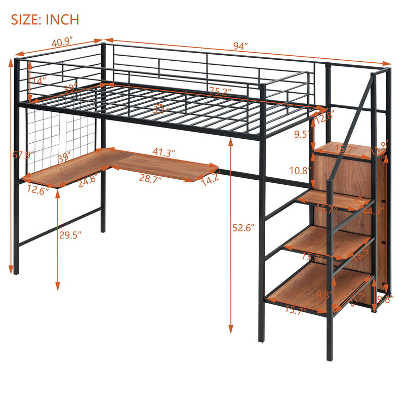 Loft Bed With Desk And Grid, Stylish Frame With Lateral Storage Ladder And Wardrobe
