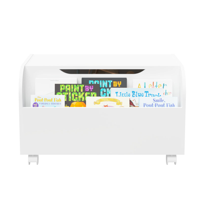 Toy Box With 4 Universal Wheels, Kids Playroom Storage Organizer With Front Bookshelf, Flip Top Lid, Safety Hinge - White