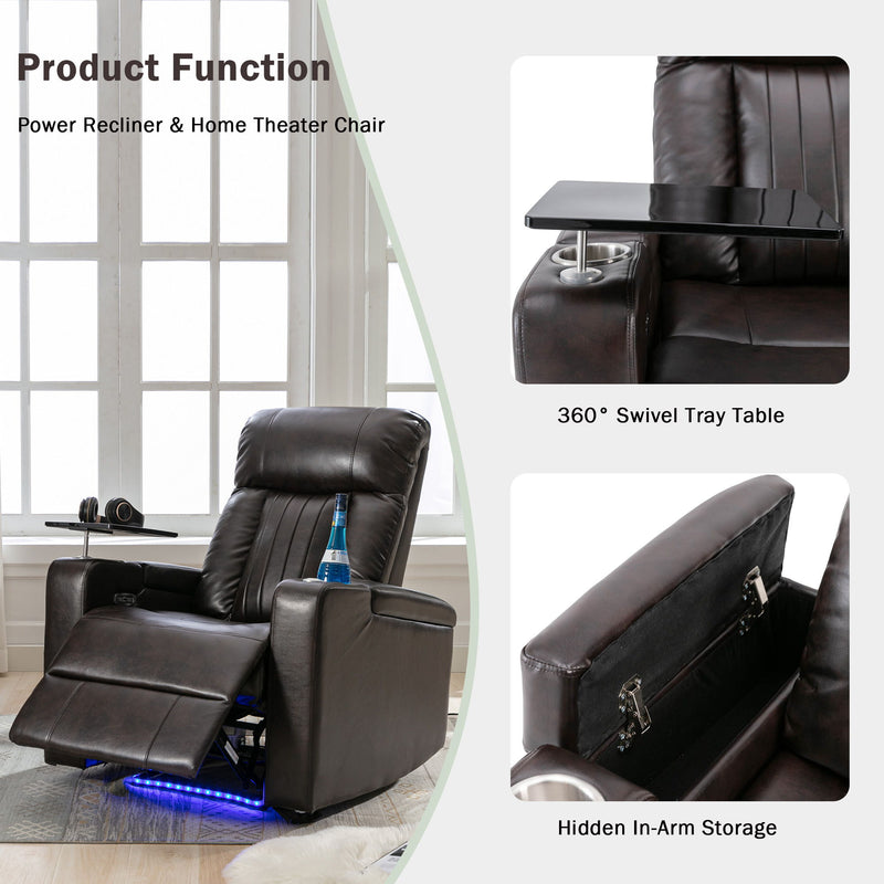 Power Recliner With Storage Arms, Cupholders, Swivel Tray Table And Cell Phone Stand - Brown