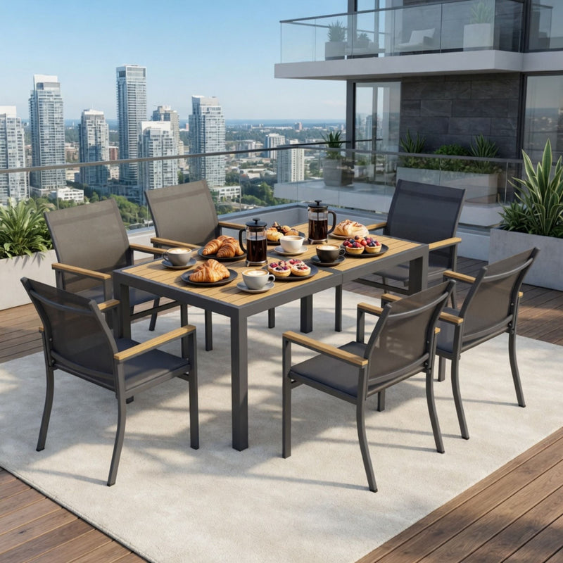 7 Piece Gray Aluminum Patio Dining Set With Textilene Chairs For Outdoor Living Frame With Accents, 59" Rectangle Table, All Weather Durable