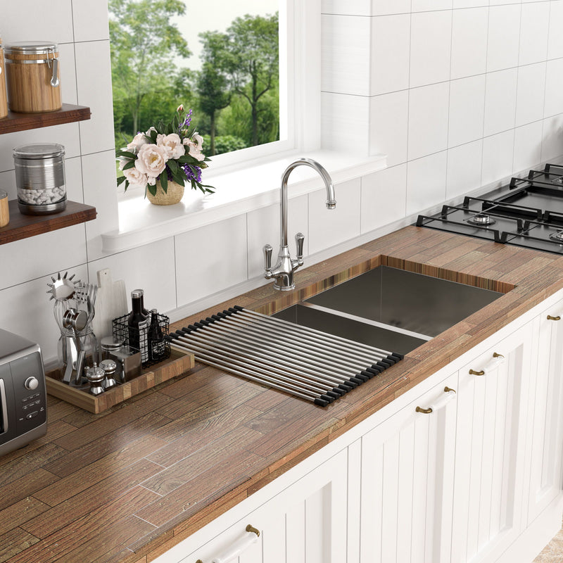 Undermount Double Bowl Kitchen Sink 16 Gauge With 9" Deep Basin - Brushed Nickel
