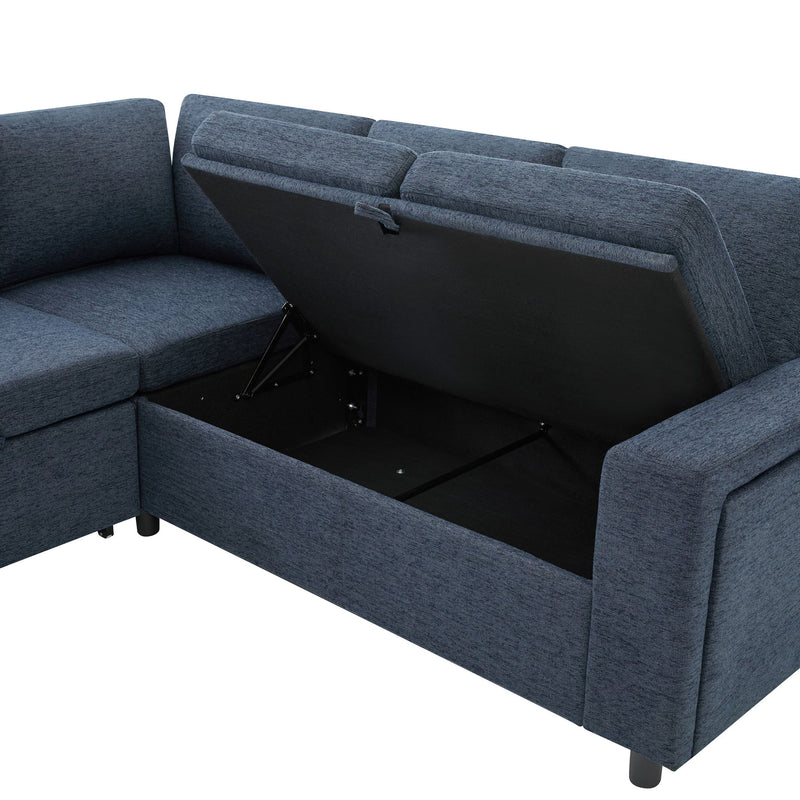 U - Shaped Convertible Sectional Sofa Bed With Storage, USB Charger & Cup Holders