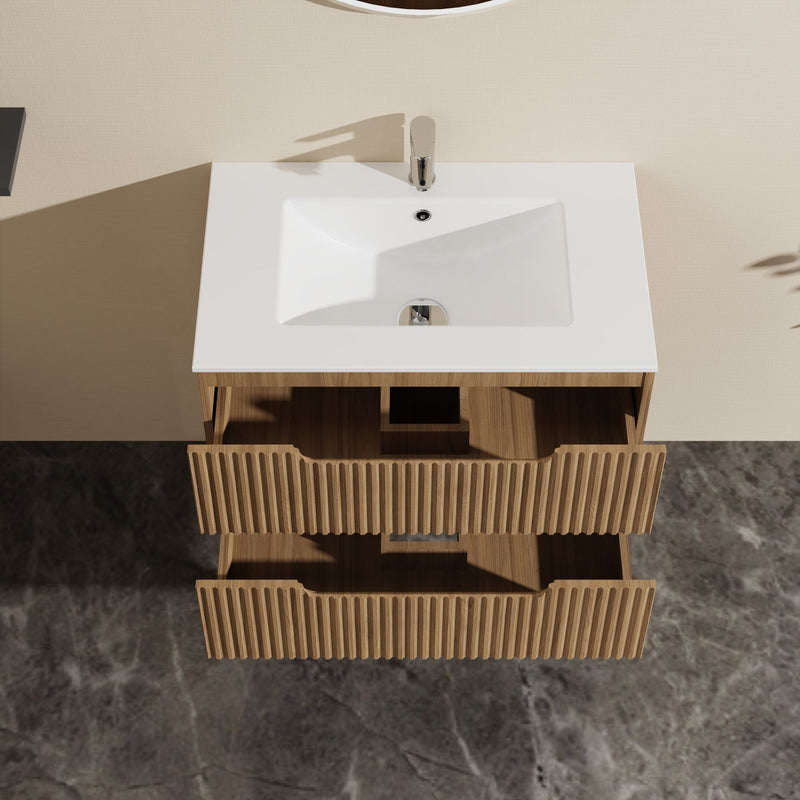 30" Wall Mounted Bathroom Vanity With Sink, Soft Close System, And Spacious Drawers - Walnut