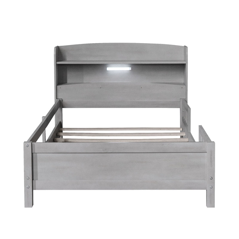 Wood Platform Bed With Built In LED Light, Storage Headboard And Guardrail