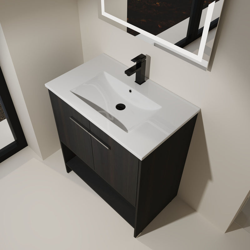 Modern Bathroom Vanity With Ceramic Sink, Freestanding Cabinet, Soft Closing Doors