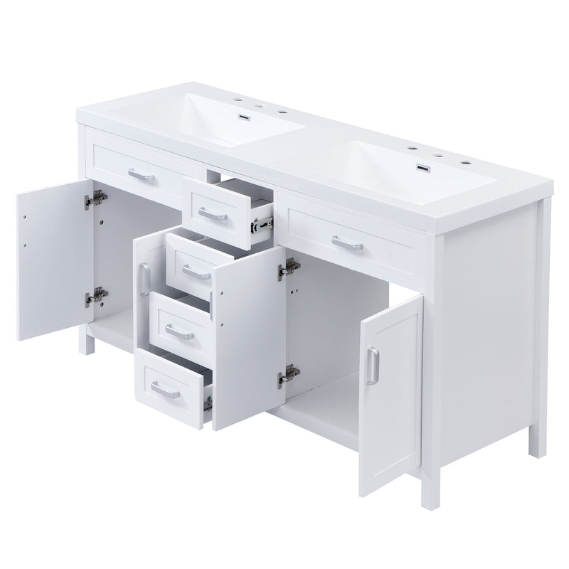 59.1" Minimalist Double Sink Bathroom Vanity With Top, Soft Close Doors & Drawers - White