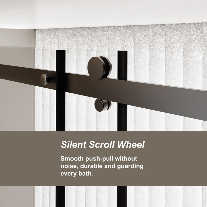 Frameless Shower Door Single Sliding, Clear Tempered Glass Shower Door With Zinc Roller Rail System, Stainless Steel Handle - Black