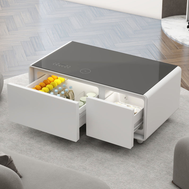 Modern Smart Coffee Table With Built-In Fridge - tooth Speaker, Wireless Charging, Touch Control Panel, USB Interface, Outlet Protection, Atmosphere Light