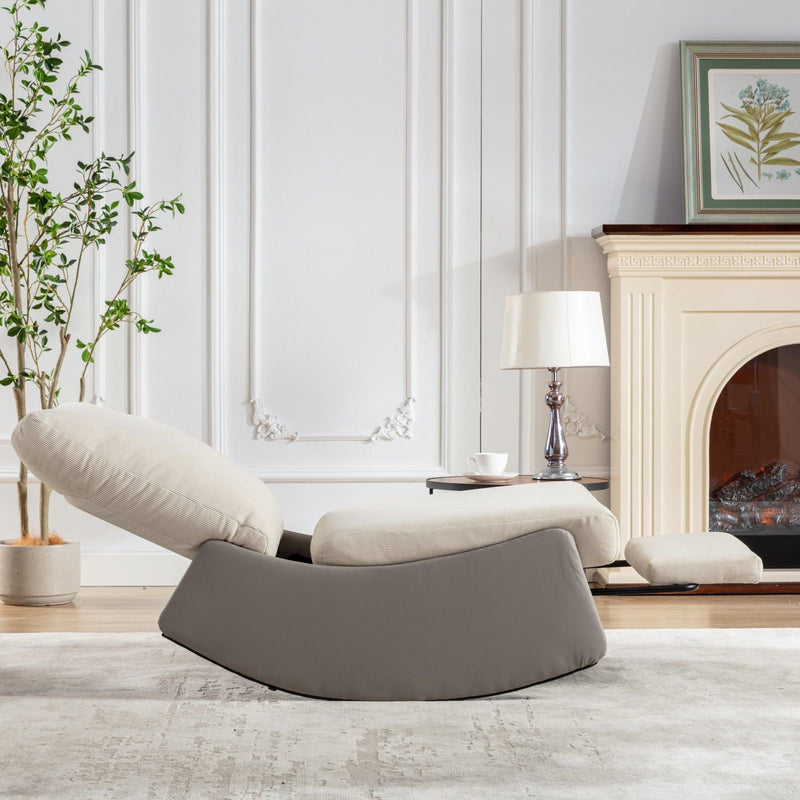 Modern Rocking Chair Recliner, Comfy Rocker Nursery Chair With Footrest, Accent Reading Chair, Upholstered Lounge Chair For Relaxing, Resting, Soft Padded Rocker For Indoor Living Room Bedroom - Gray / Beige